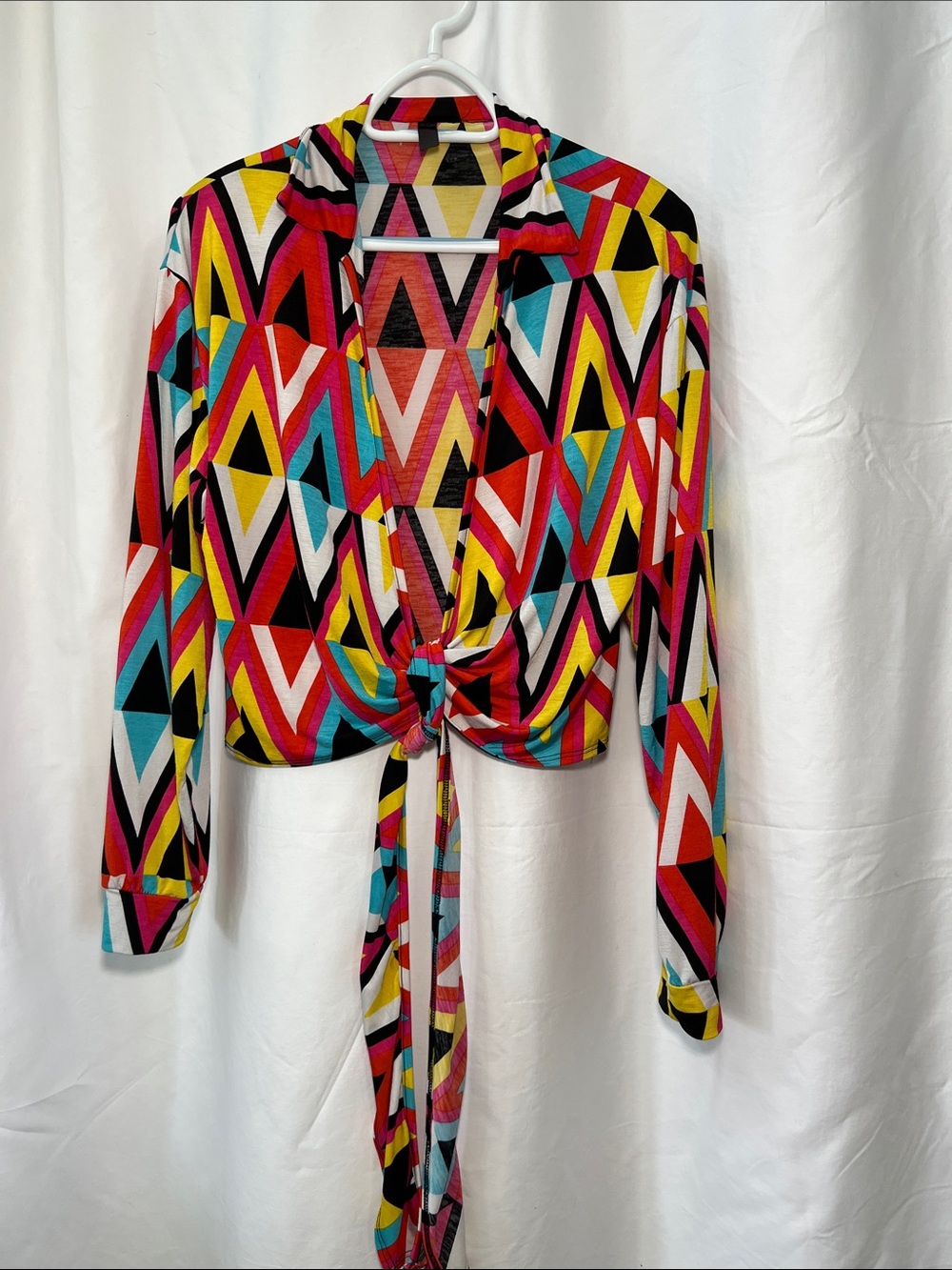 Colorful Geo-Print Tie-Front Women's Top Size Large
